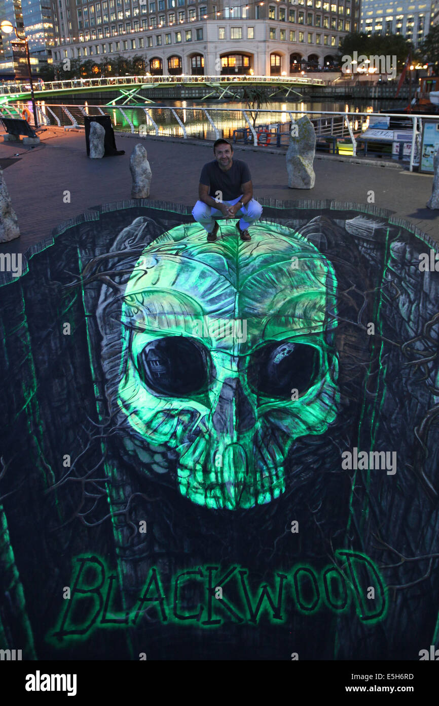 Launch of feature film Blackwood with 3D artwork by Joe Hill in Canary Wharf, London. 3D artist Joe Hill on the artwork. Stock Photo