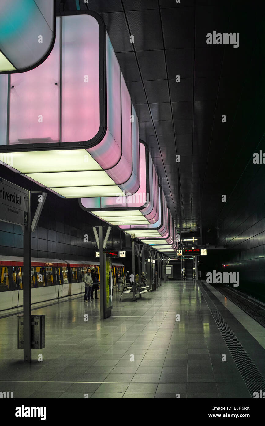 Hamburg Hafencity (University) subway station with constant changing color light installation. Stock Photo