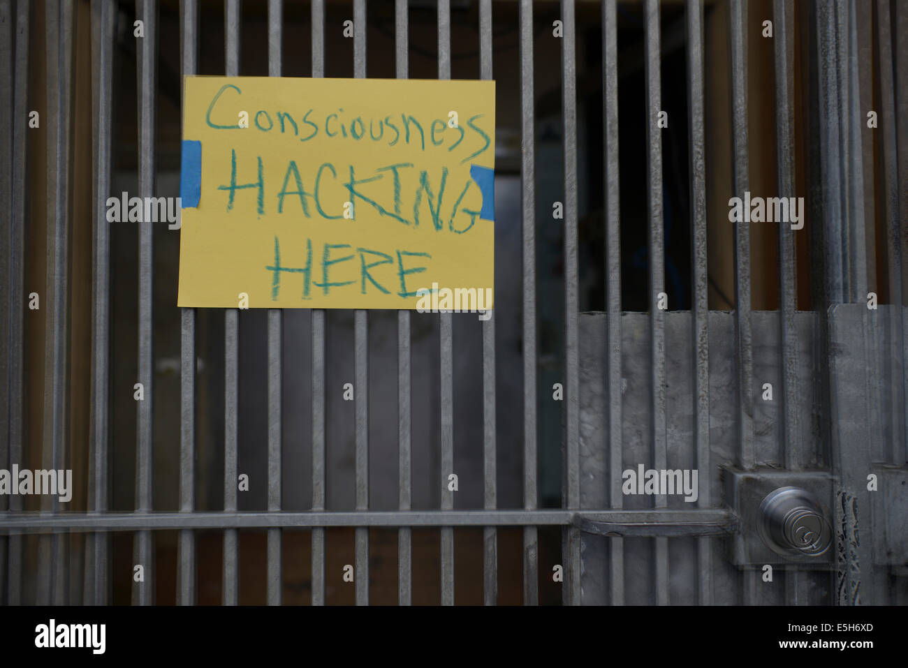 san francisco sign about consciousness hacking Stock Photo