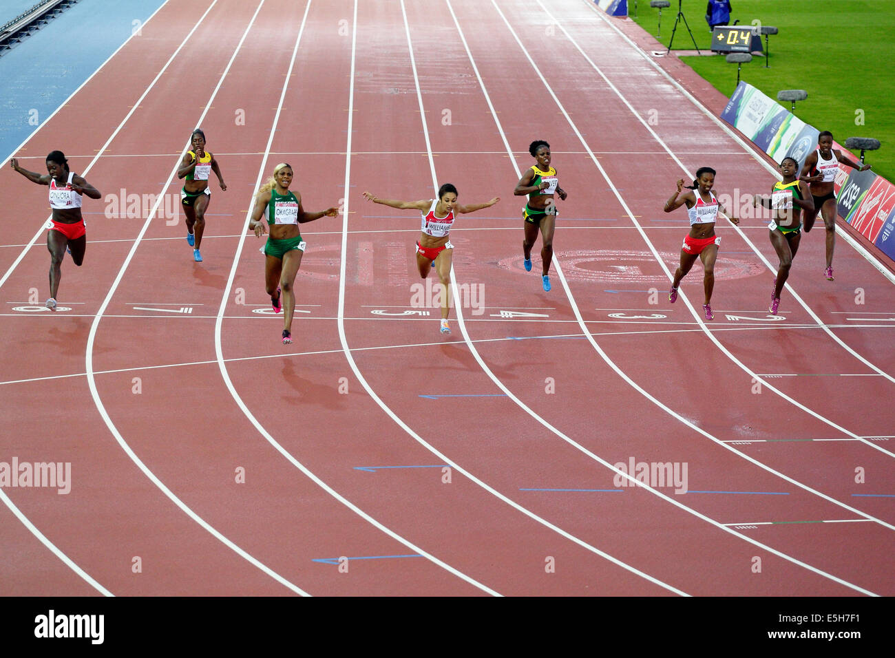 Hampden Park, Glasgow, Scotland, UK, Thursday, 31st July, 2014. Blessing Okagbare, Nigeria, gold, Jodie Williams, England,  silver, Bianca Williams, England, bronze in the Women's 200m Final at the Glasgow 2014 Commonwealth Games Stock Photo