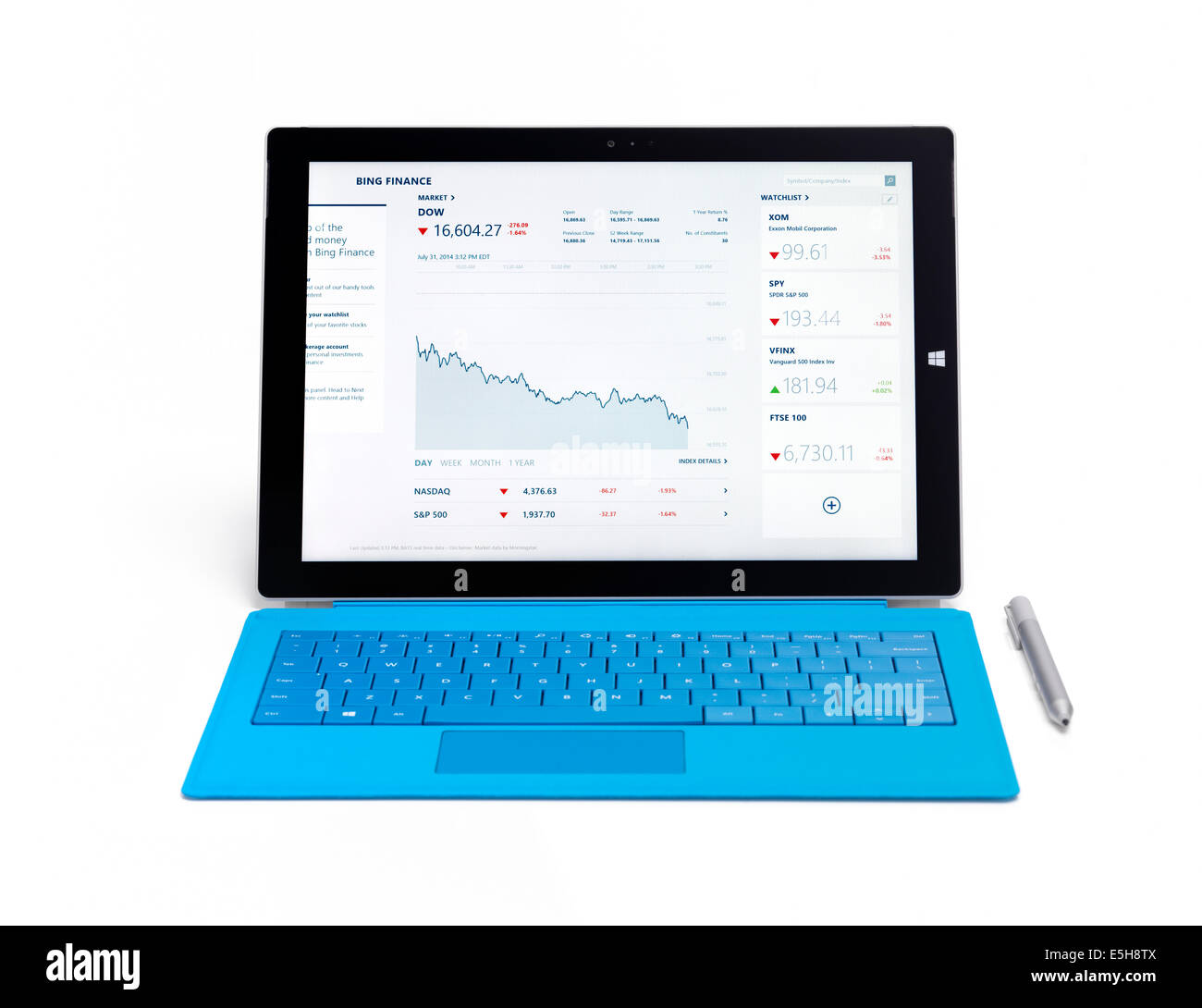Microsoft Surface Pro 3 tablet computer with DOW stock market chart on display isolated on white background Stock Photo