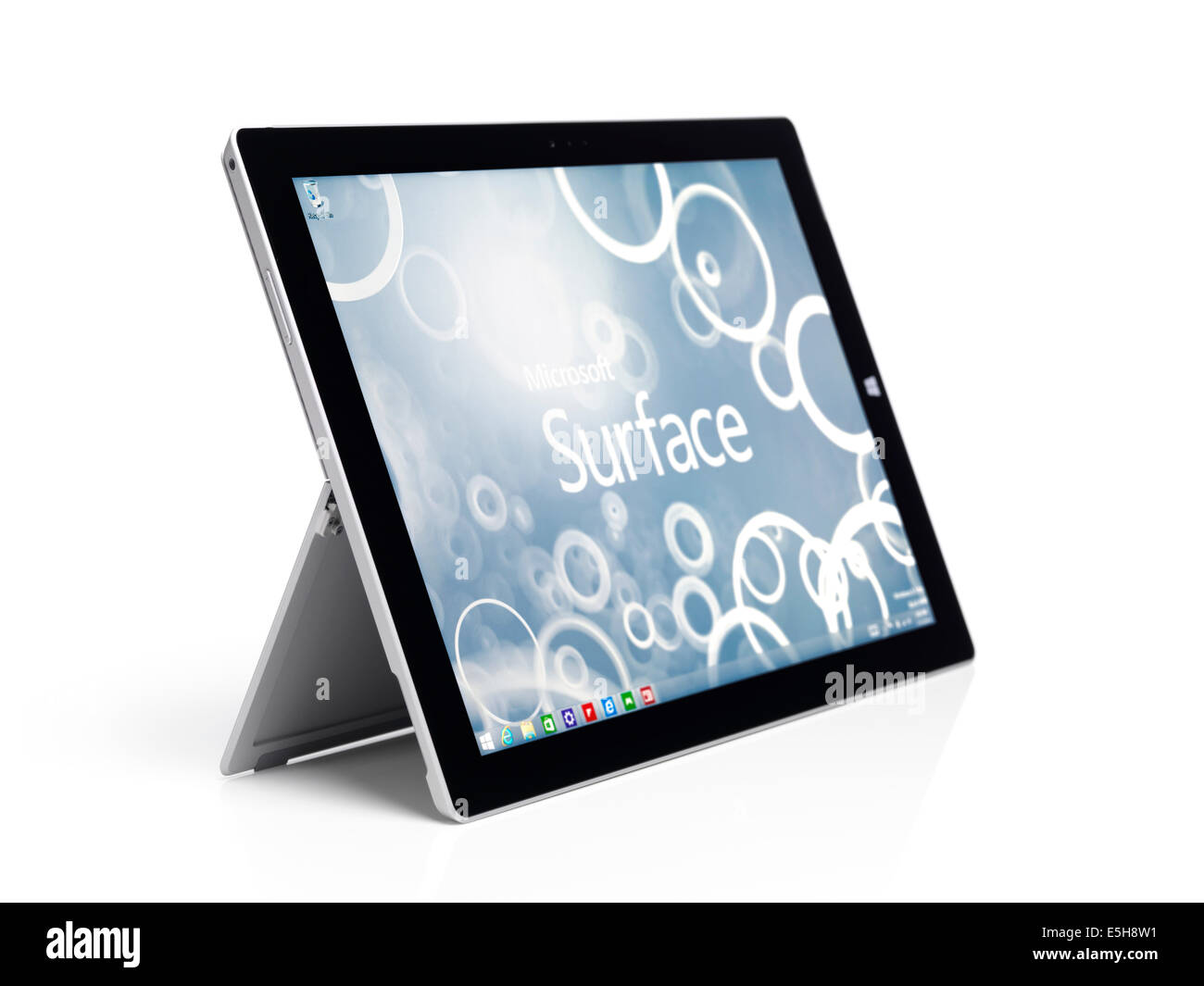 Microsoft Surface Pro 3 tablet computer with Windows 8 desktop on display isolated on white background Stock Photo