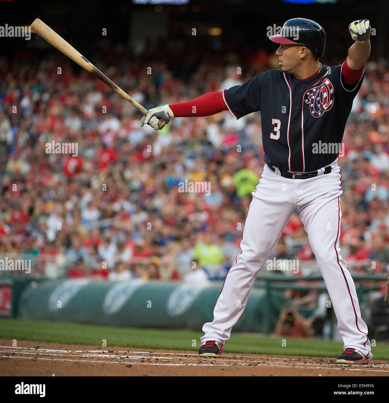 Washington DC, USA. 15th Aug, 2014. Washington Nationals second baseman Asdrubal Cabrera (3) bats against the Pittsburgh Pirates during the first inning of their game at Nationals Park in Washington, D.C, Friday, August 15, 2014. Credit:  Harry Walker/Alamy Live News Stock Photo