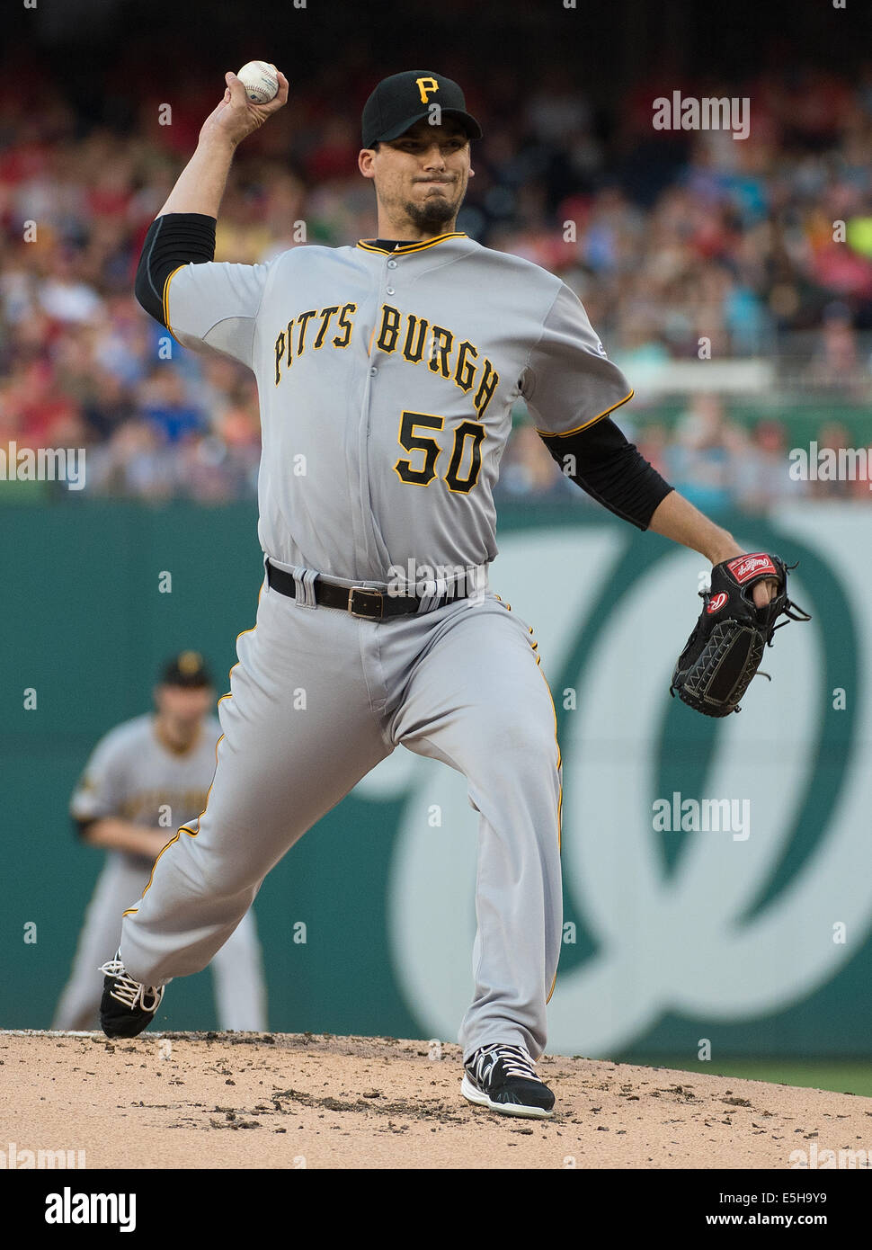 Washington DC, USA. 15th Aug, 2014. Pittsburgh Pirates starting pitcher Charlie Morton (50) delivers a pitch against the Washington Nationals during the first inning of their game at Nationals Park in Washington, D.C, Friday, August 15, 2014. Credit:  Harry Walker/Alamy Live News Stock Photo