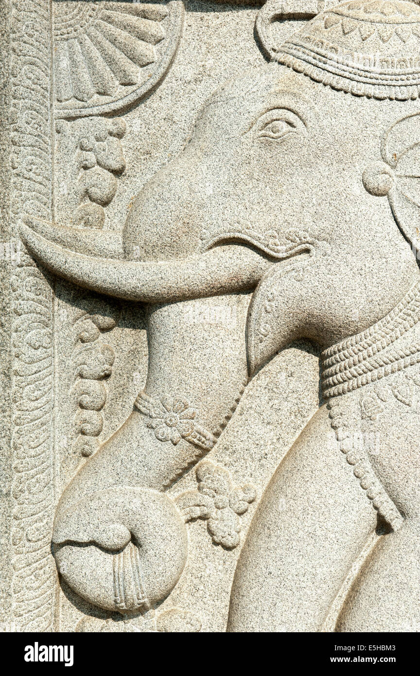 Granite relief, elephant head, decoration at the entrance to the Temple of the Tooth, Sri Dalada Maligawa, Kandy, Sri Lanka Stock Photo