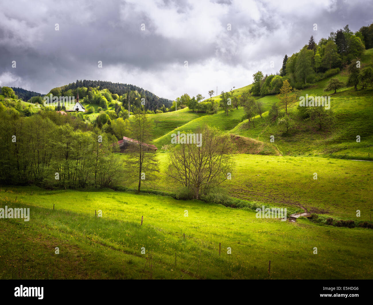 Beautiful green hill landscape with white church. Black Forest Schwarzwald, Germany Stock Photo