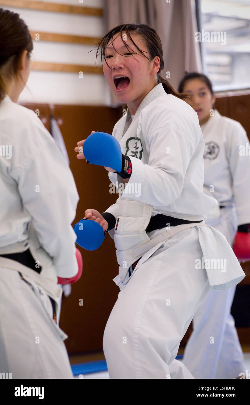 Japanese teenagers karate training / sparring in Osaka, Japan Stock