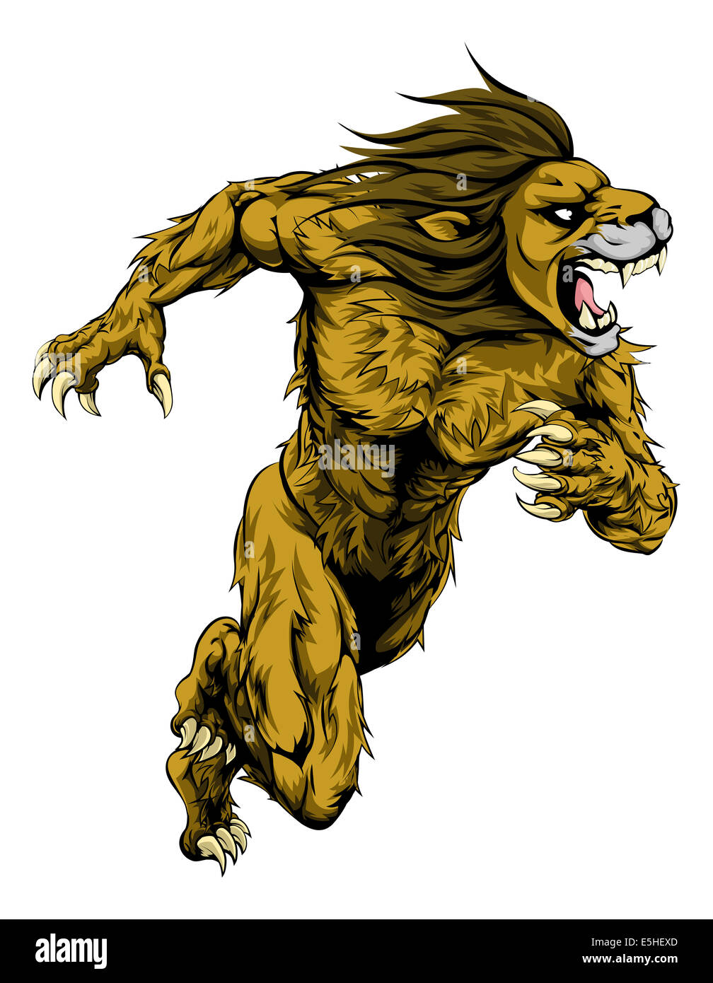 A lion man character or sports mascot charging, sprinting or running Stock Photo