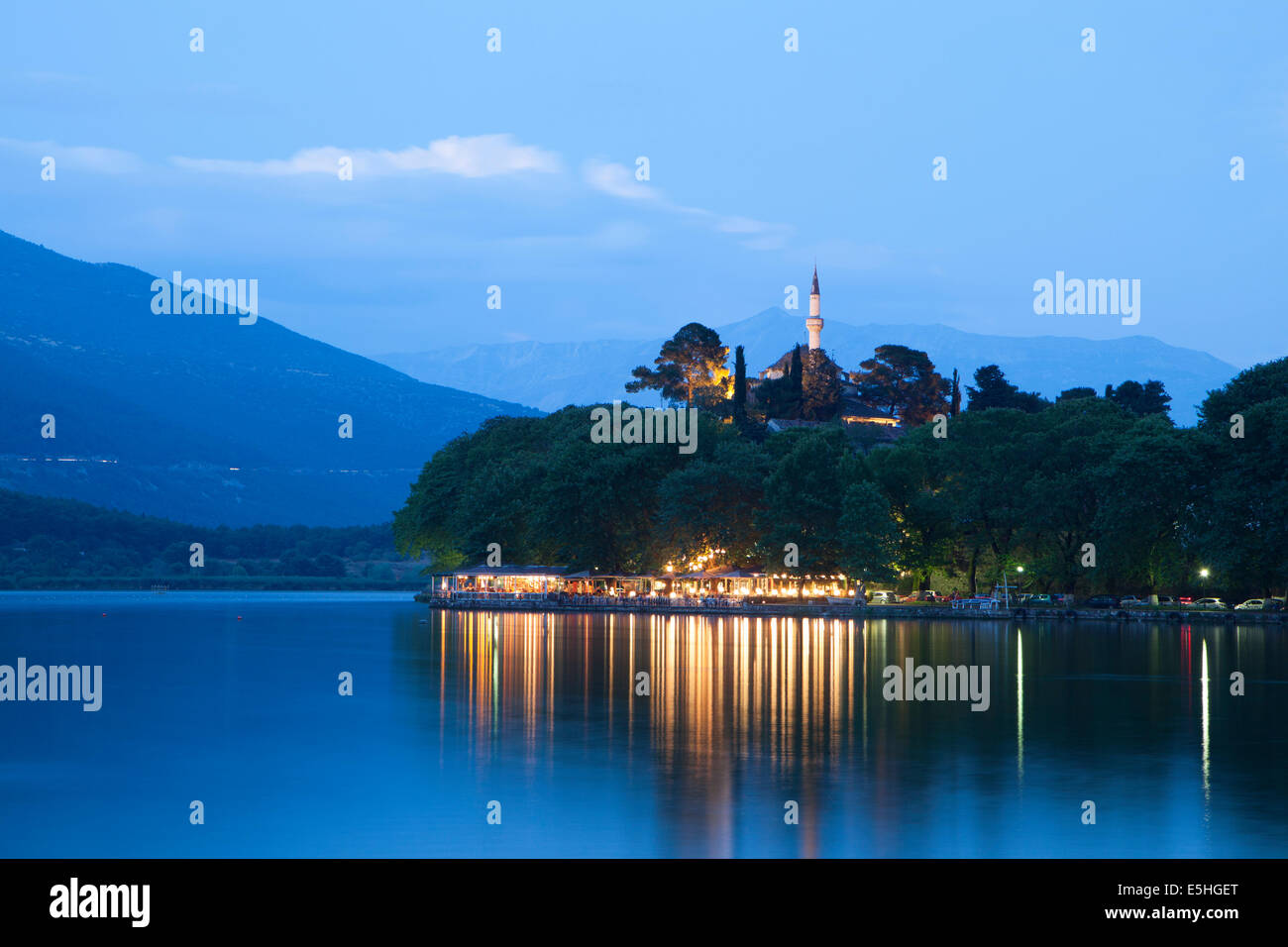Ioannina city in Greece. View of the lake and the mosque Stock Photo