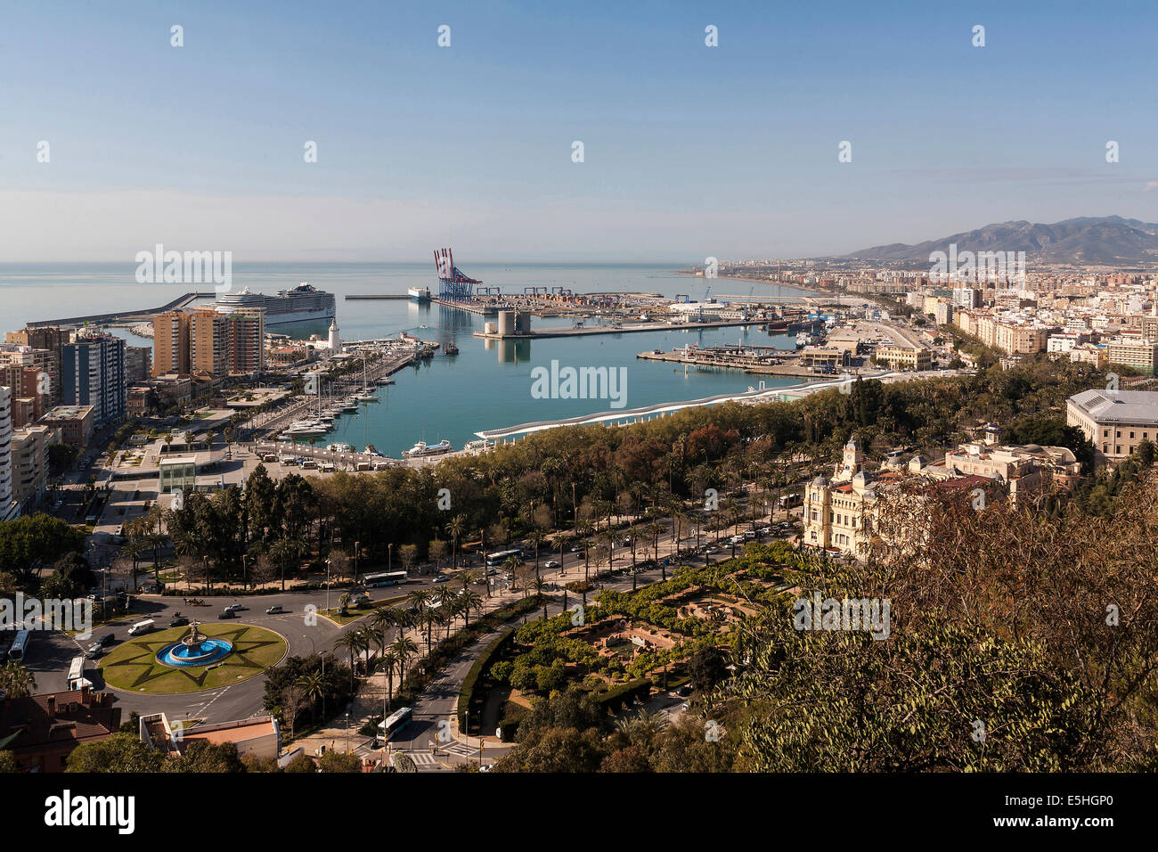 Spain Andalucia, Malaga, Harbour & town hall Stock Photo