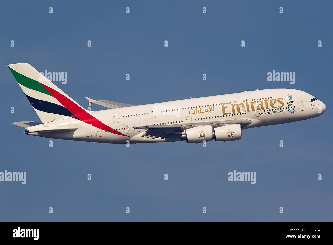Emirates Airbus A380 departs London Heathrow for Dubai, UAE Stock Photo