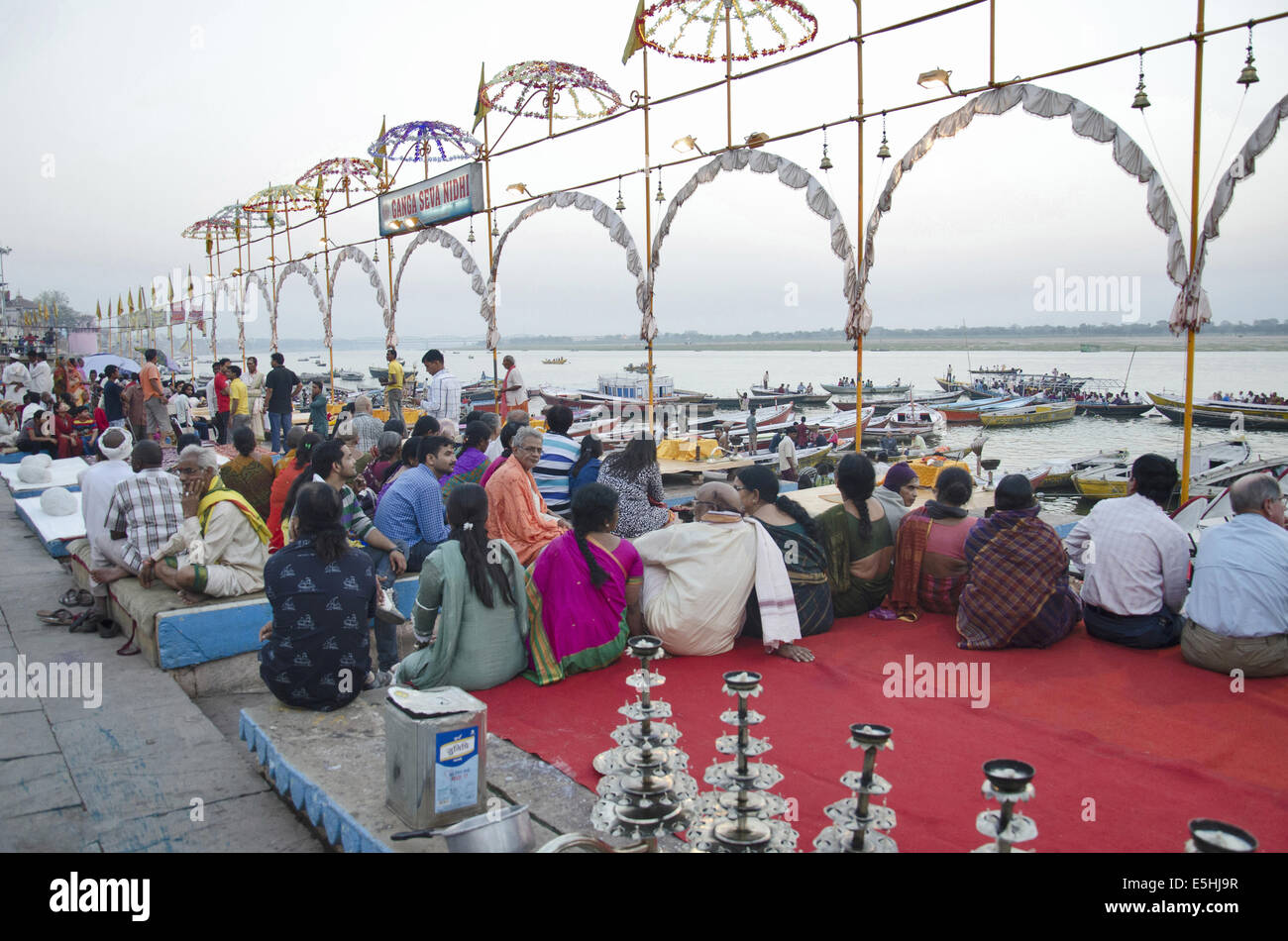 Ganga Pooja, Dashashwamedh Ghat, Varanasi, Benares, Uttar Pradesh, India Stock Photo