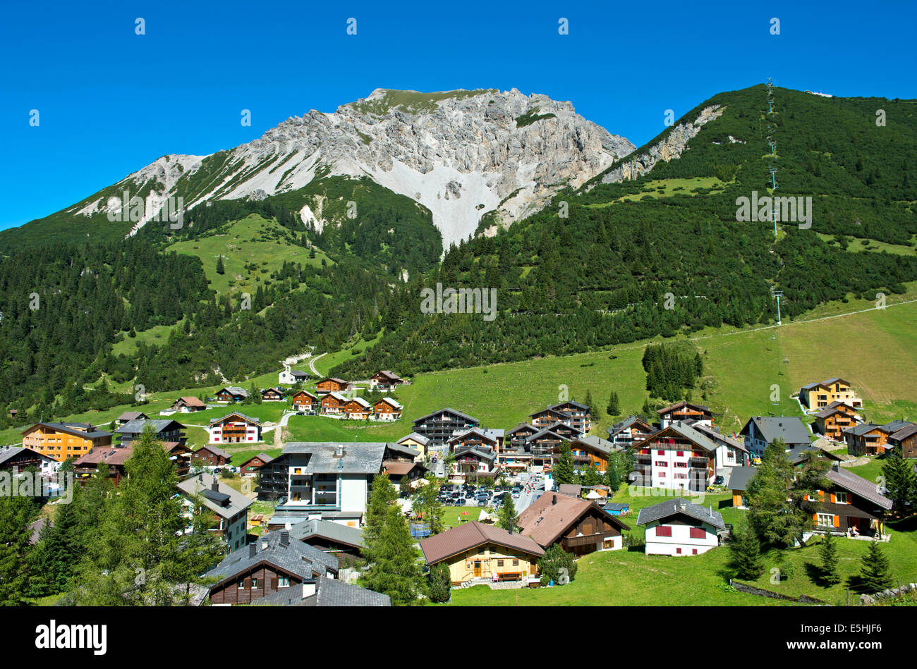 Village of Malbun, Ochsenkopf mountain at the back, Malbun, Principality of Liechtenstein Stock Photo