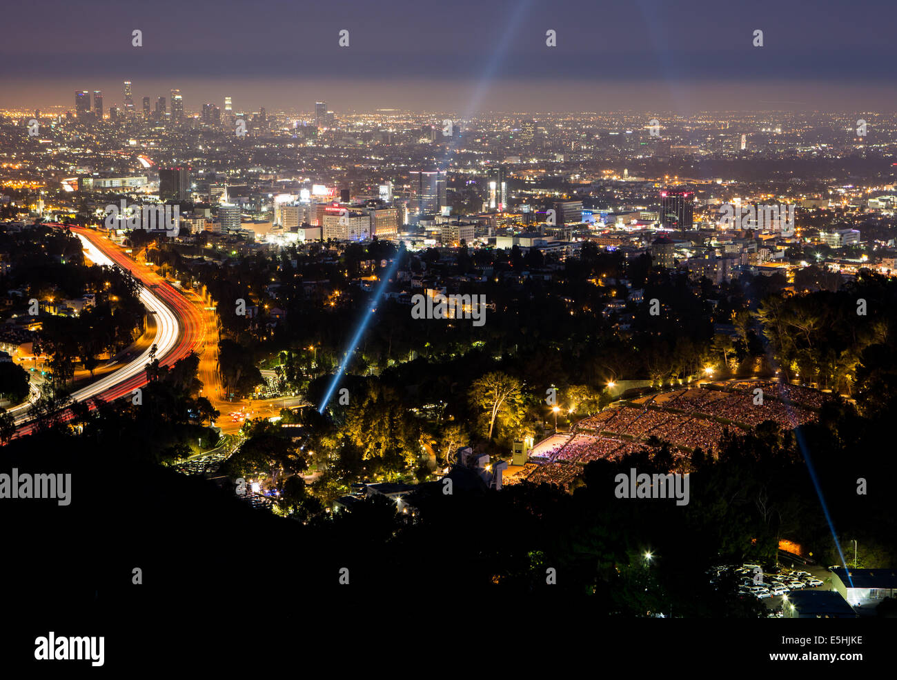 View over LA skyline and the Hollywood Bowl during a performance in Los Angeles, California, USA Stock Photo