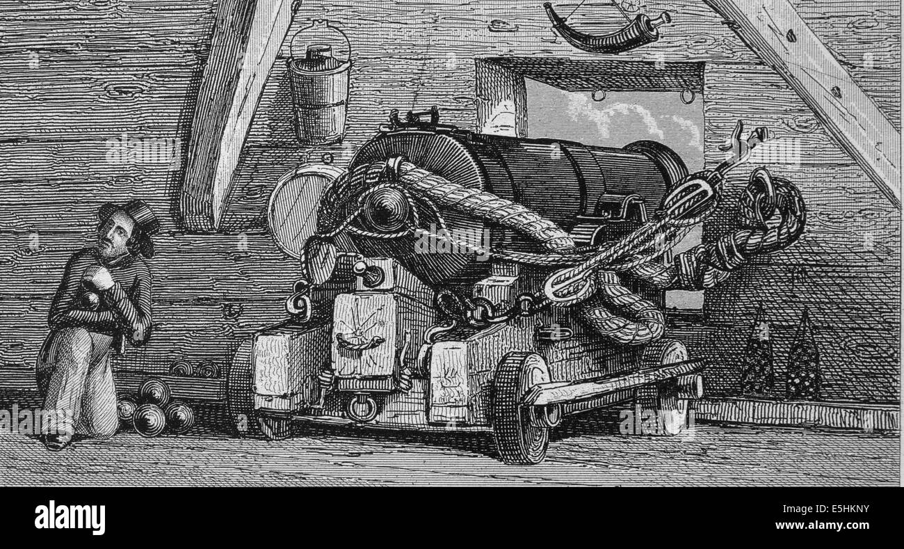 36-pounder long gun. Engraving. Iconographic Enclyclopaedia of science, Literature and Art. 19th century. Stock Photo