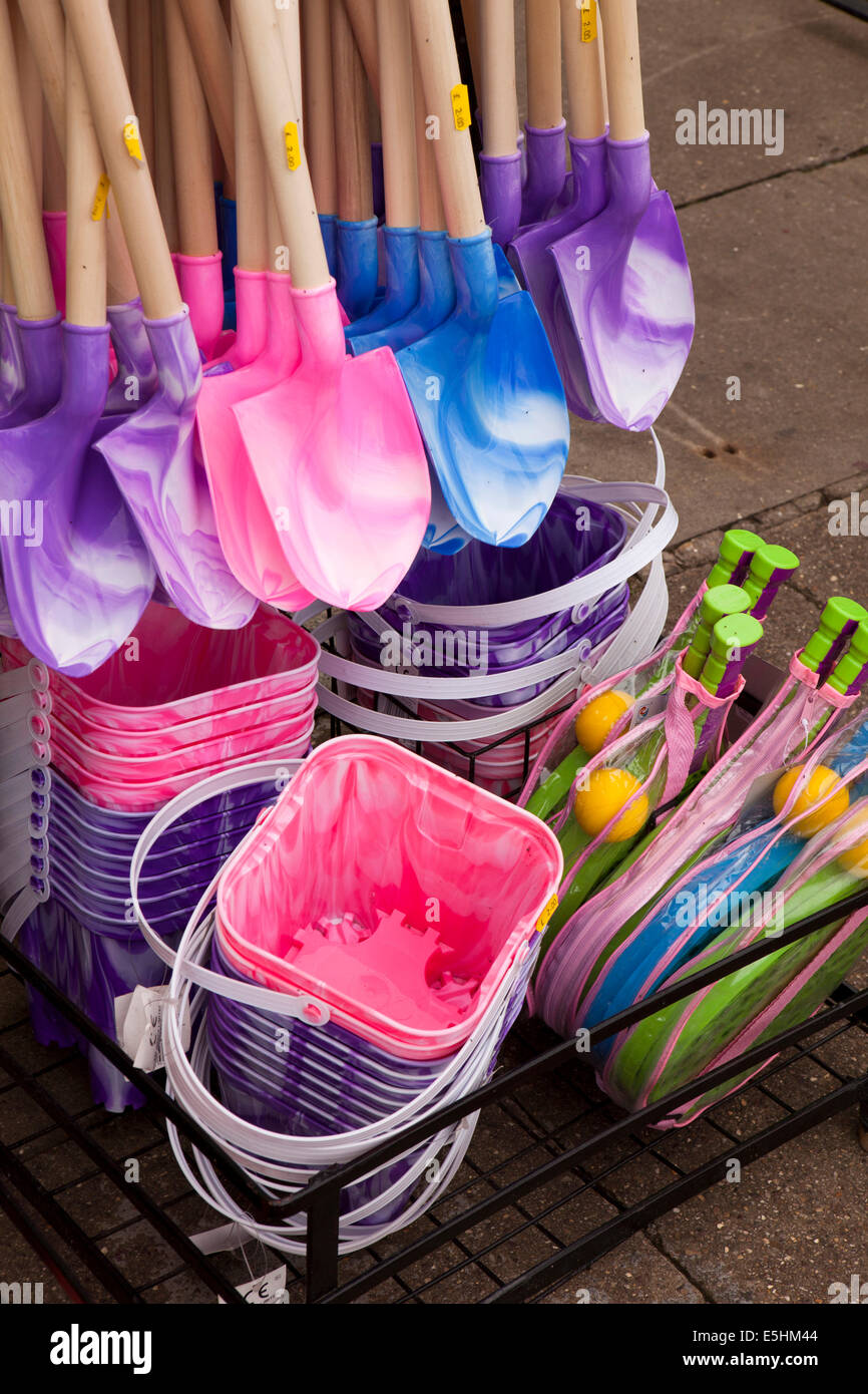 UK, England, Lincolnshire, Cleethorpes, colourful plastic buckets and