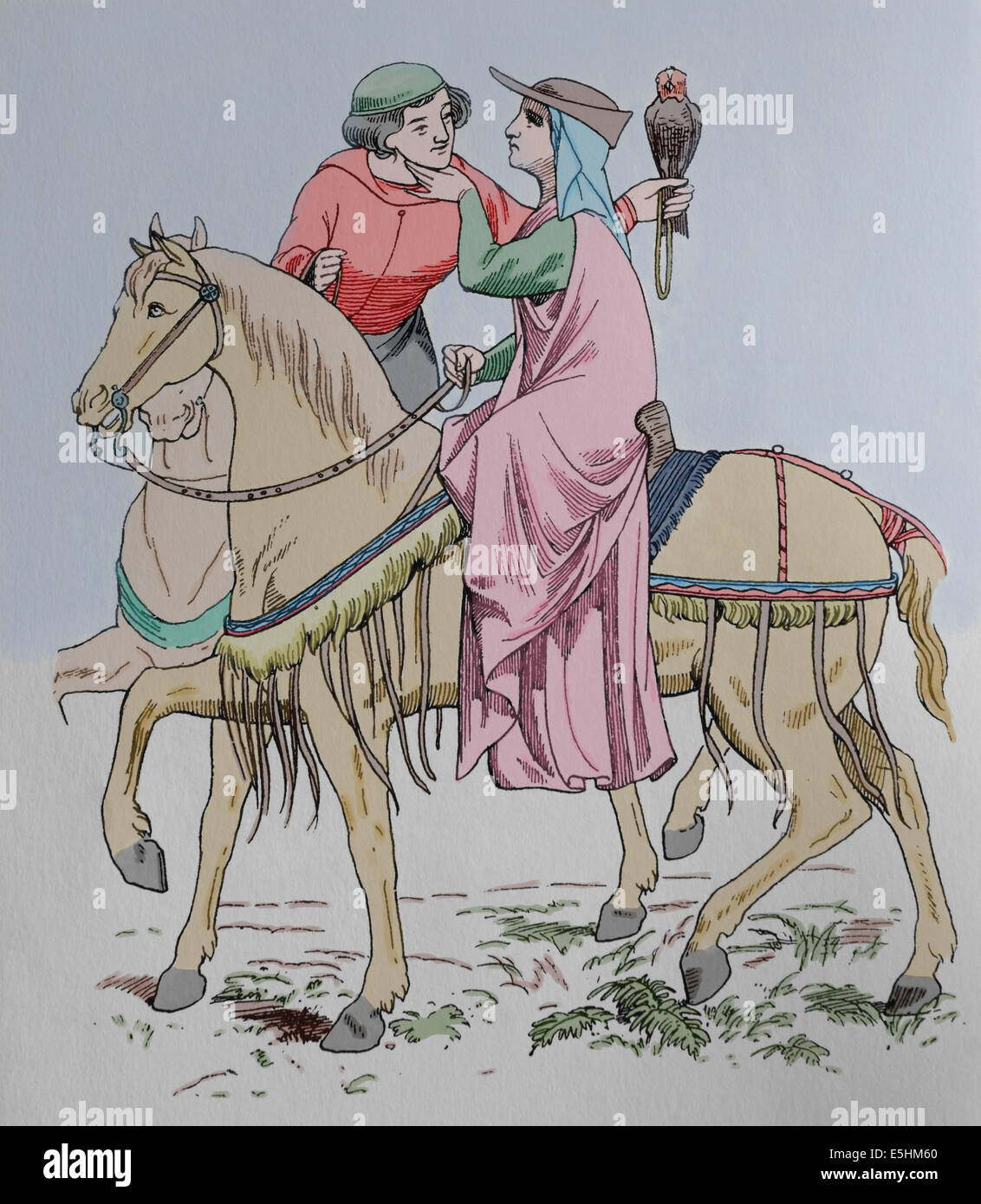 Europe. Hunting couple, early 14th century. Middle Ages. Engraving. 19th century. Later colouration. Stock Photo