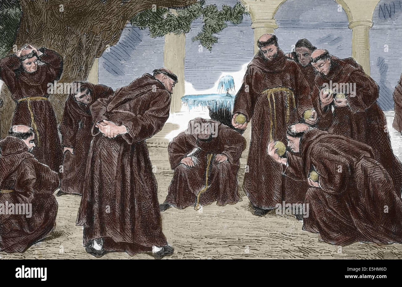 Entertainment Italian friars. Engraving, 1885. Published on Illustrated Word. Later colouration. Stock Photo