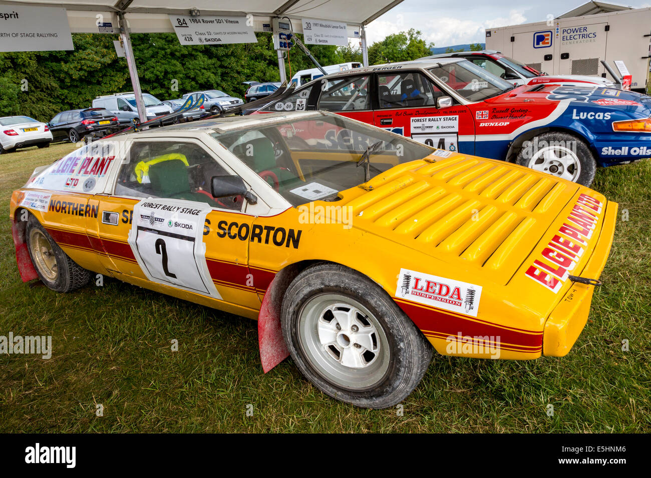 1972 Lotus Esprit complete with skis, in the paddock area for the rally stage at the 2014 Goodwood Festival of Speed, Sussex, UK Stock Photo