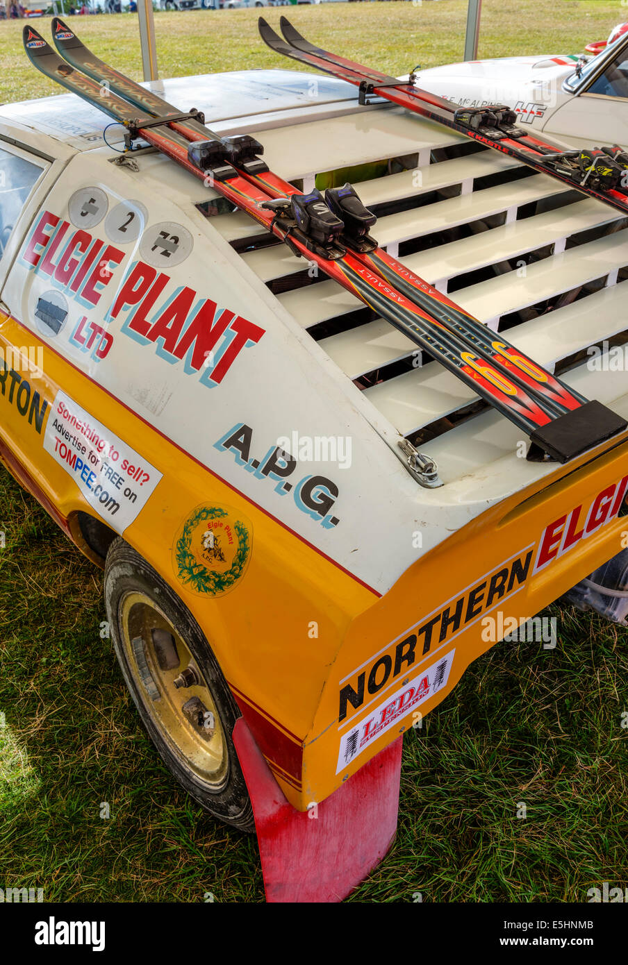 1972 Lotus Esprit complete with skis, in the paddock area for the rally stage at the 2014 Goodwood Festival of Speed, Sussex, UK Stock Photo