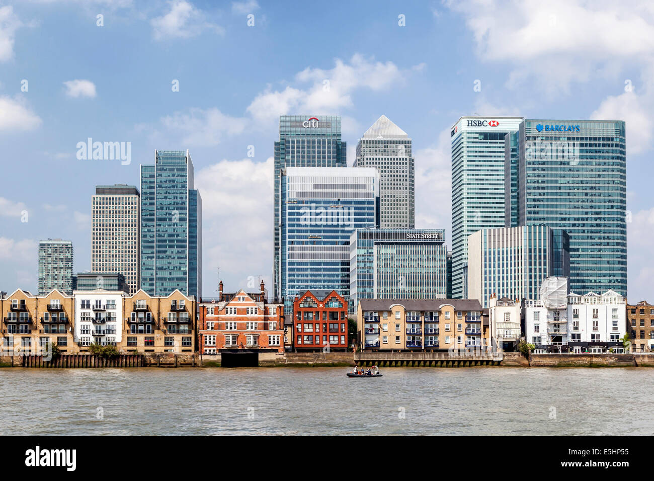 London skyline from Thames river - Canary Wharf Banking district - HSBC, Citi, Barclays bank, One Canada Square Stock Photo