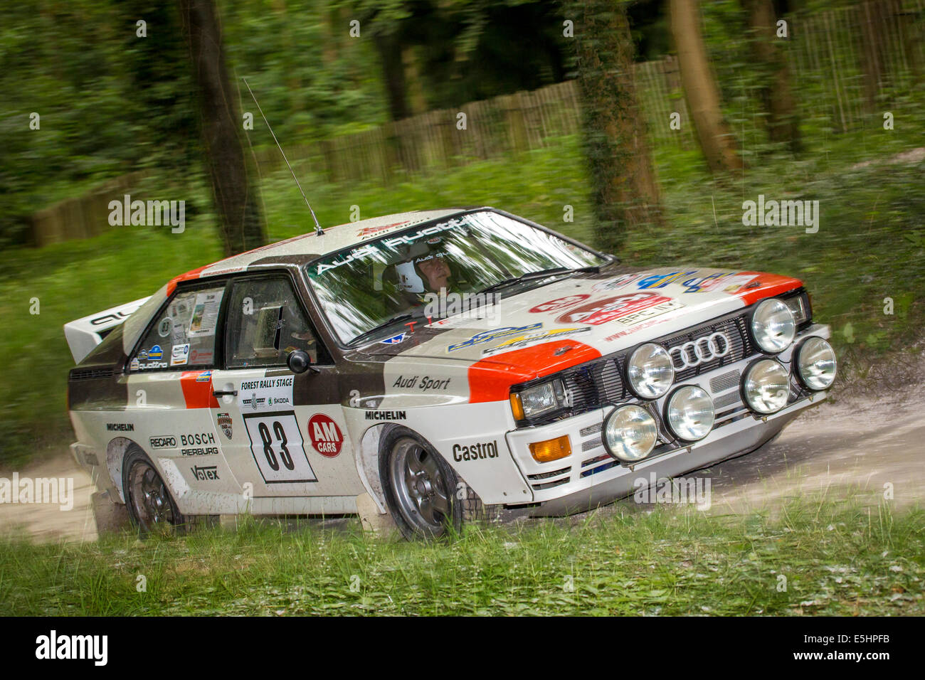 1983 Audi Quattro A1 with driver Adam Marsden, forest stage at the 2014 Goodwood Festival of Speed, Sussex, UK. Stock Photo
