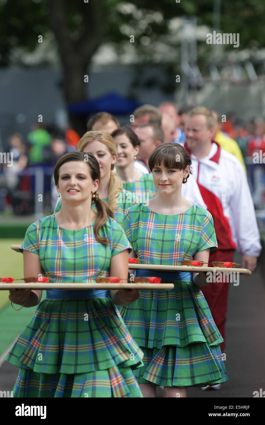 Glasgow, Scotland, UK. 1st Aug, 2014.  Glasgow Commonwealth Games.  Day 9.  Kelvingrove Lawn Bowls Centre.  Mens Lawn Bowls Fours Finals.  The Medal Parade. Credit:  Action Plus Sports Images/Alamy Live News Stock Photo