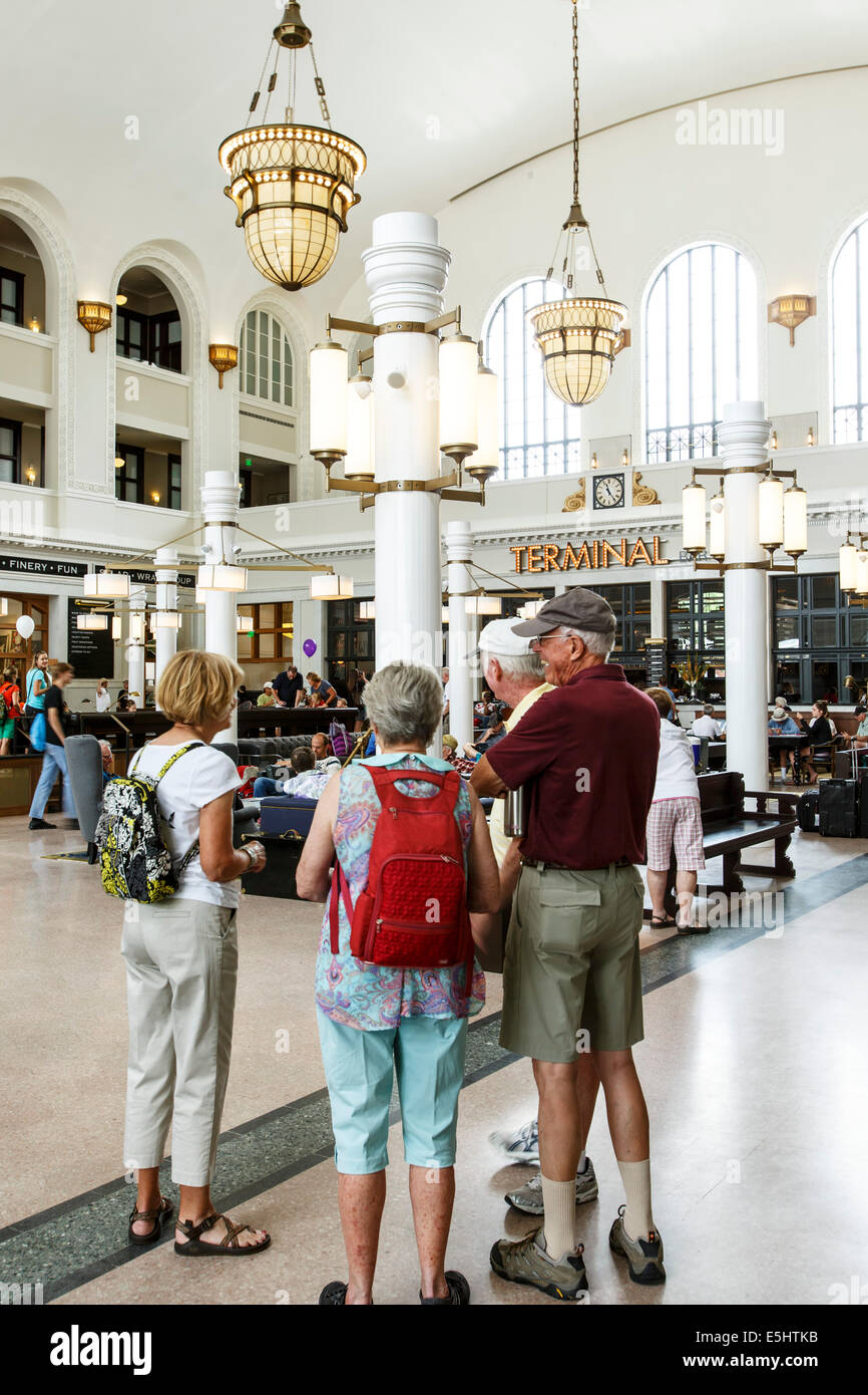 Group of seniors in terminal (Crawford Hotel, upper floors), Union Station, Denver, Colorado USA Stock Photo