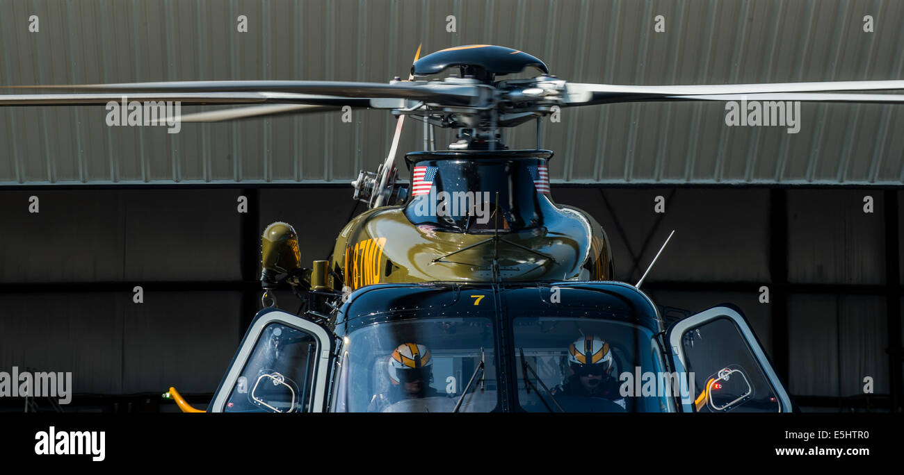 Maryland State Police trooper 7 pilots perform preflight checklist in their AgustaWestland AW139 helicopter, before a MedEvac m Stock Photo