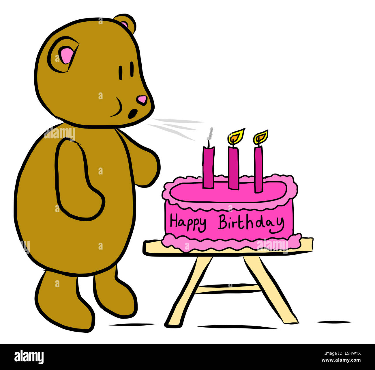 Illustration of a bear blowing out candles on a cake Stock Photo