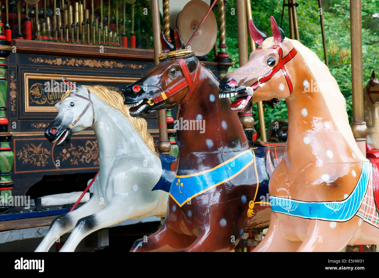 Fairground horses, gallopers on a merry go round carousel Stock Photo