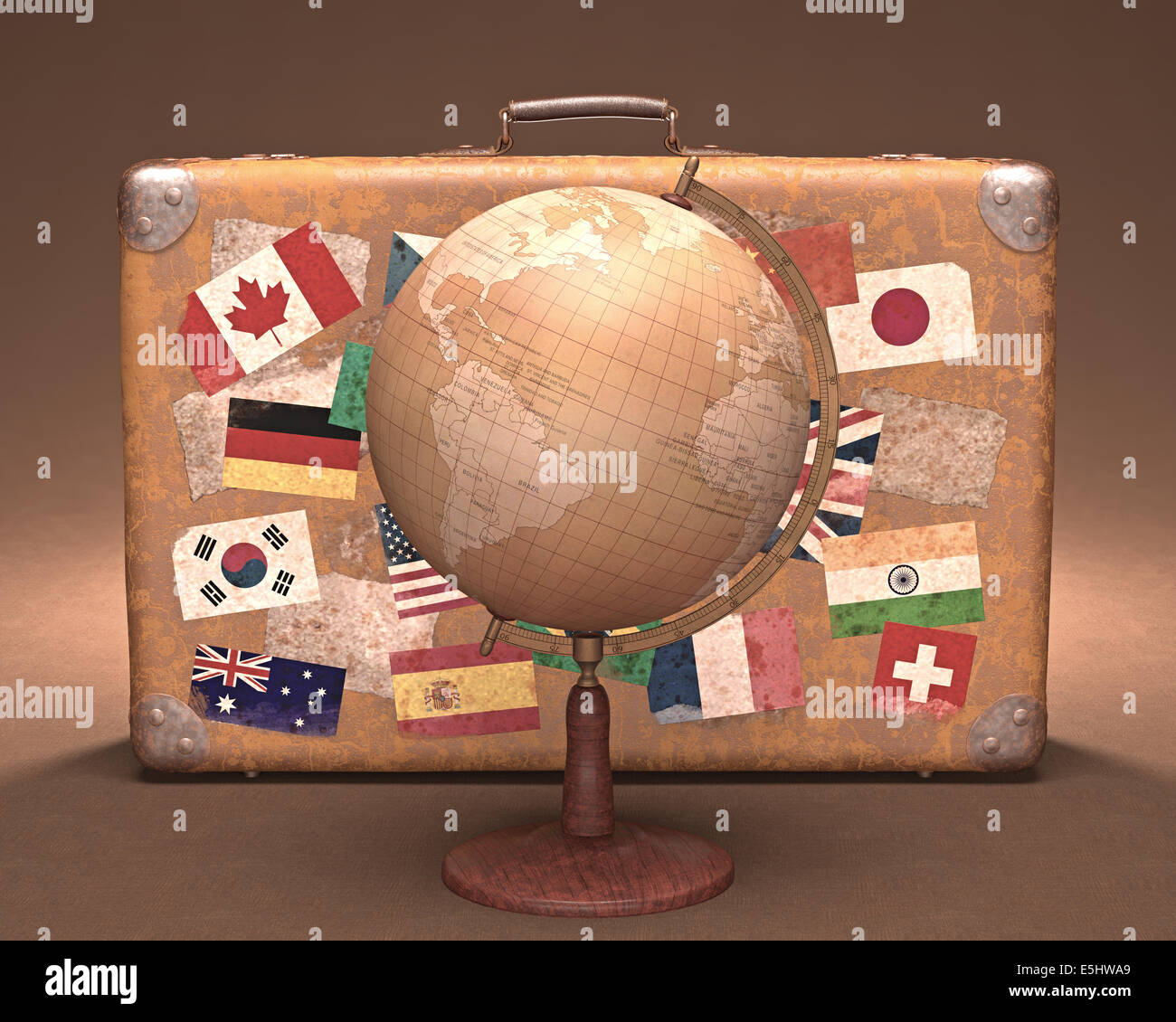 Antique globe in front of a retro suitcase. Travel concept around the world. Stock Photo