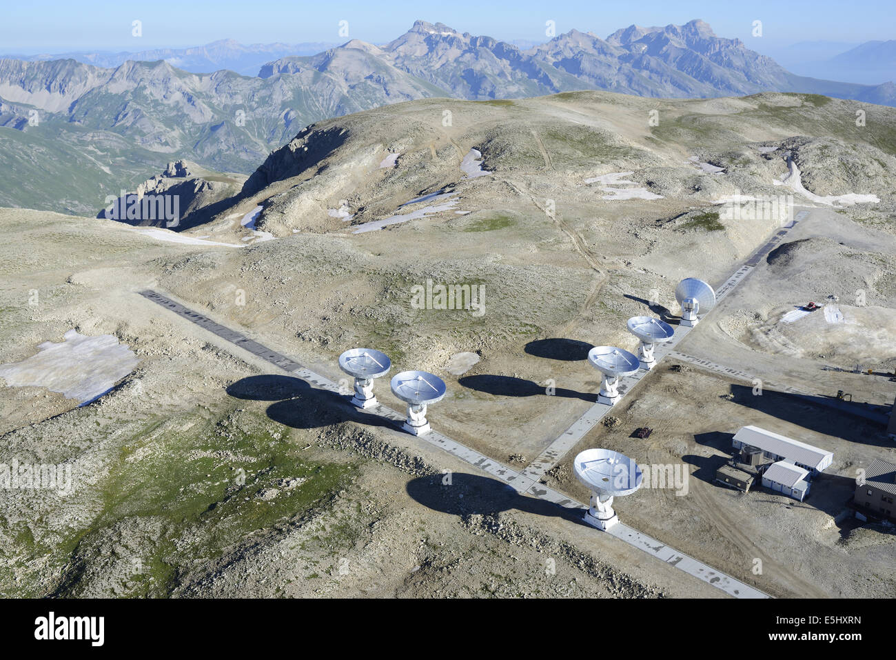 AERIAL VIEW. Plateau de Bure Observatory and Interferometer (elevation: 2565 meters). Le Dévoluy, Hautes-Alpes, France. Stock Photo