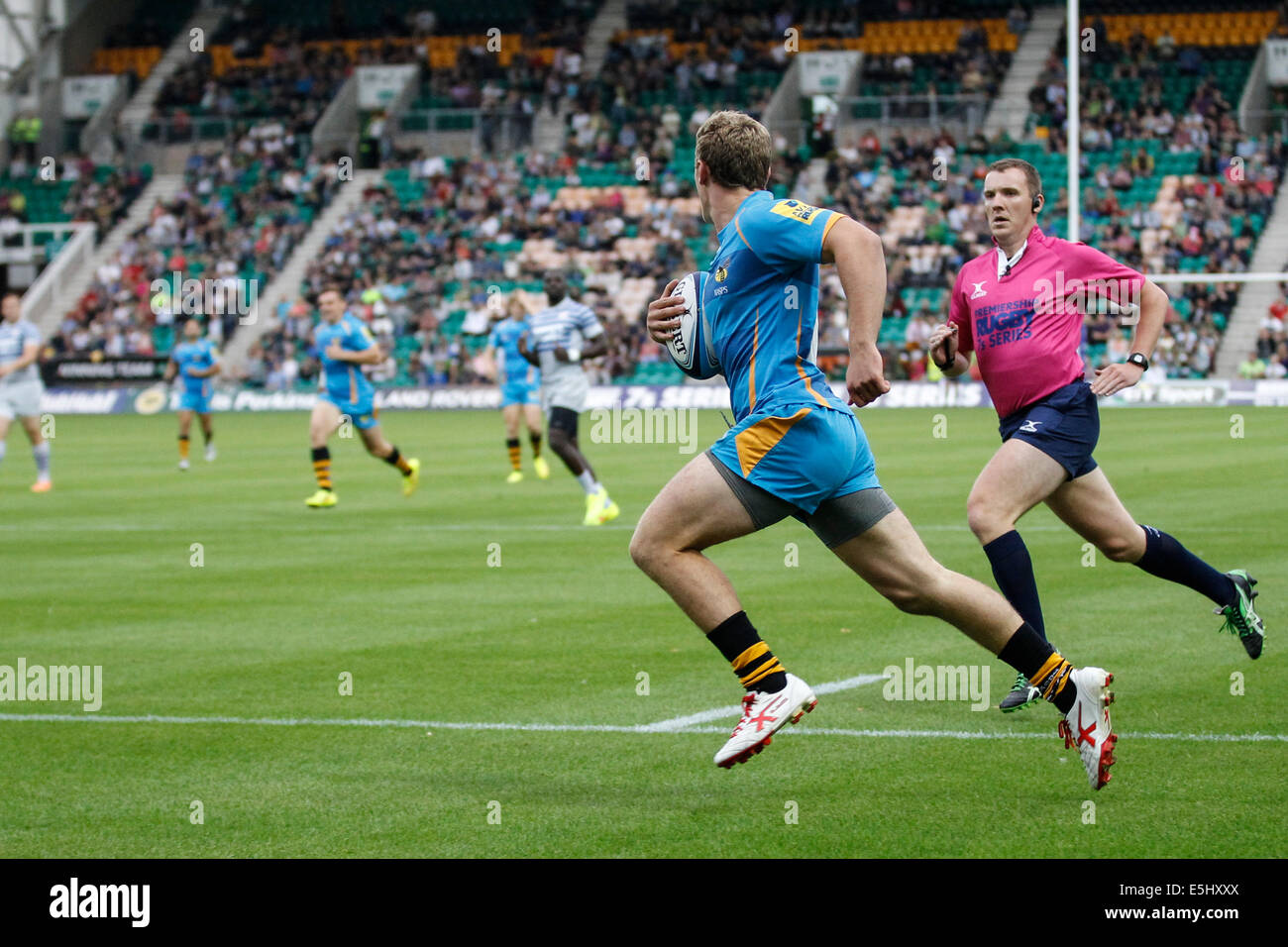 Northampton, UK. 1st Aug, 2014. Premiership Rugby 7s. Group C. Tom HOWE ...