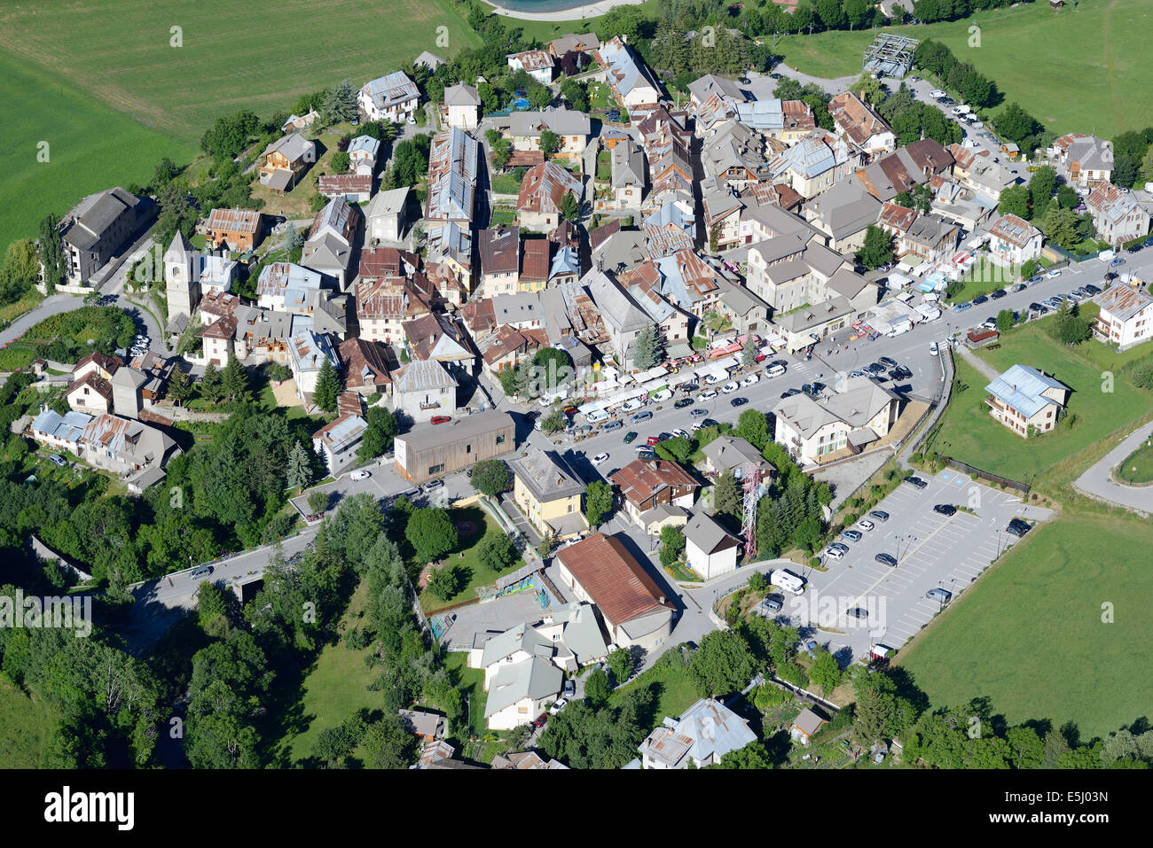 AERIAL VIEW. Mountain resort of Allos in the summer. Alpes-de-Haute-Provence, France. Stock Photo