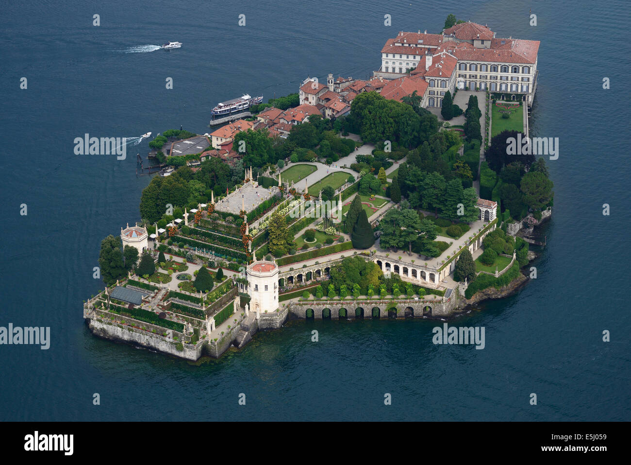 AERIAL VIEW. Isola Bella. Borromean Islands, Lake Maggiore, Province of Verbano-Cusio-Ossala, Piedmont, Italy. Stock Photo