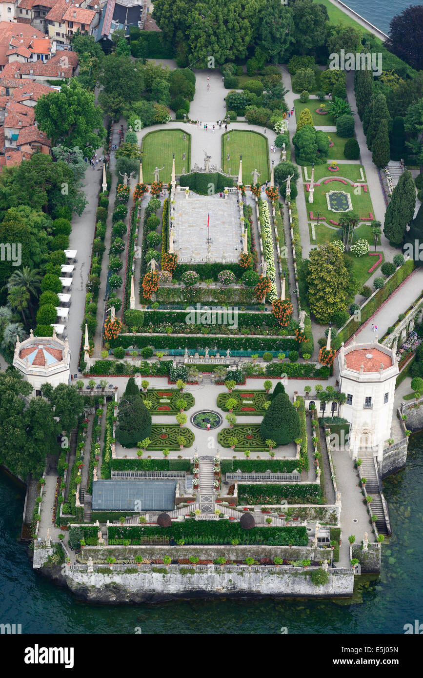 AERIAL VIEW. Garden of Isola Bella. Borromean Islands, Lake Maggiore, Province of Verbano-Cusio-Ossala, Piedmont, Italy. Stock Photo