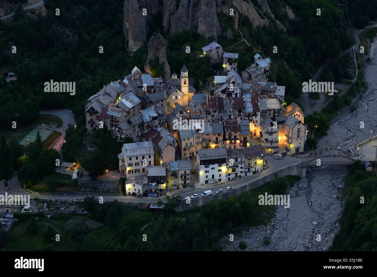 Medieval village at twilight. Péone, Alpes-Maritimes, French Riviera's hinterland, France. Stock Photo