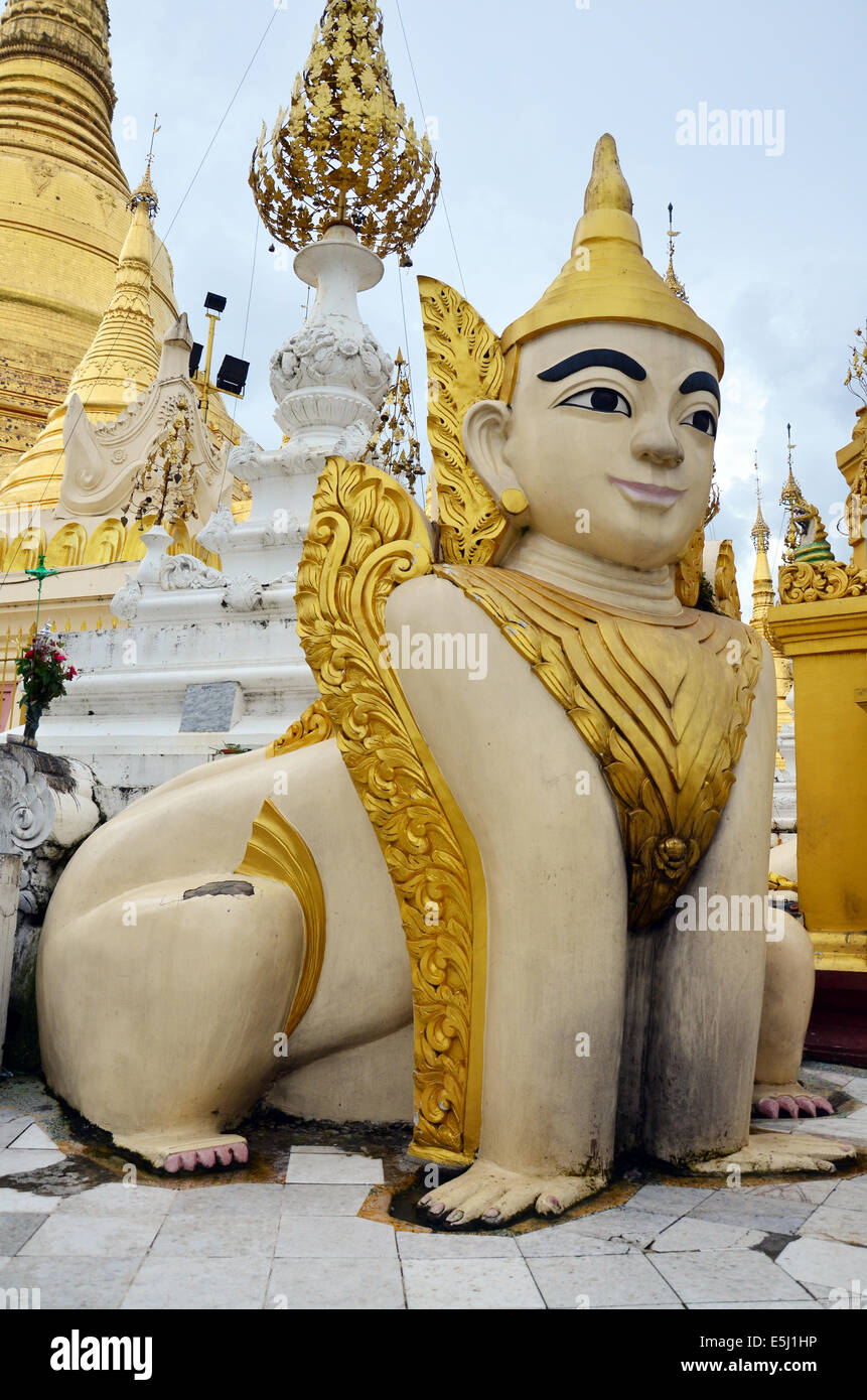 Singha Creatures of Myth and Legend of Shwedagon Pagoda or Great Dagon Pagoda located in Yangon, Burma Stock Photo