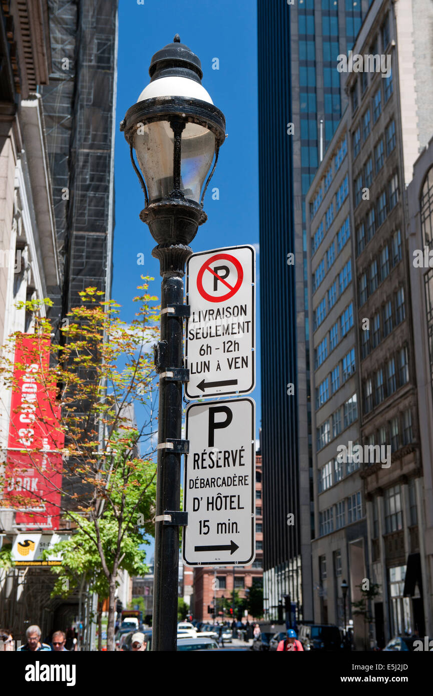 Traffic signs on a lamppost in downtown Montreal, province of Quebec, Canada. Stock Photo