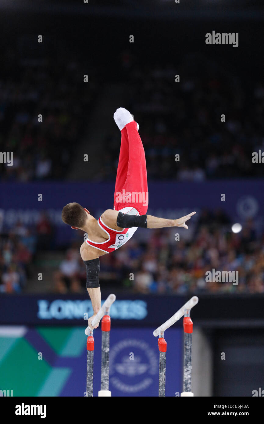 SSE Hydro, Glasgow, Scotland, UK, Friday, 1st August, 2014. Glasgow 2014 Commonwealth Games, Men’s Artistic Gymnastics, Individual Parallel Bars Final. Max Whitlock, England, Bronze Medal Winner Stock Photo