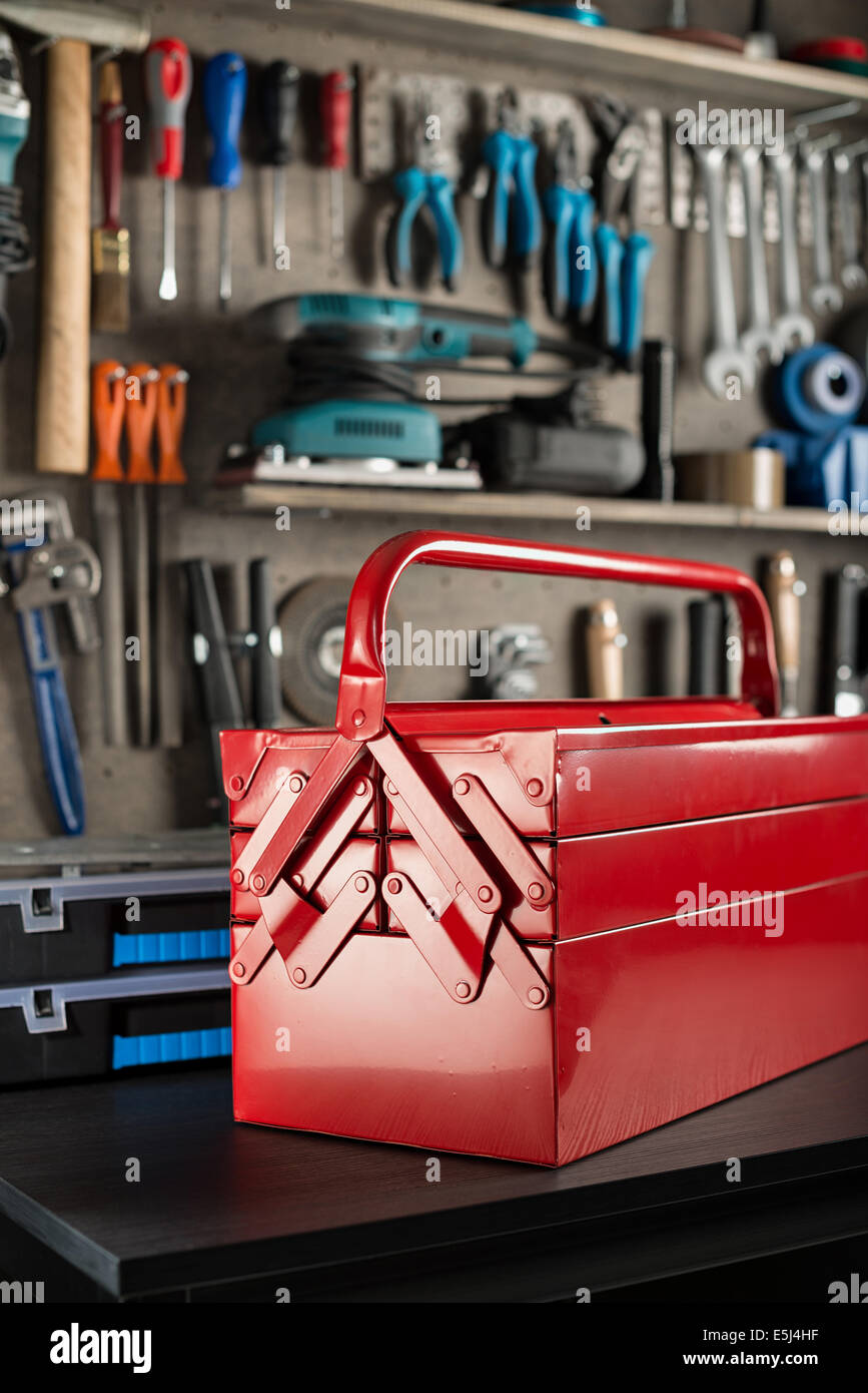 Workshop scene.  Toolbox on the table. Stock Photo