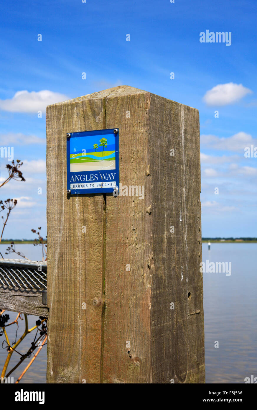 A post with sign indicating the Angles Way long distance footpath at Burgh Castle, Norfolk, England, United Kingdom. Stock Photo