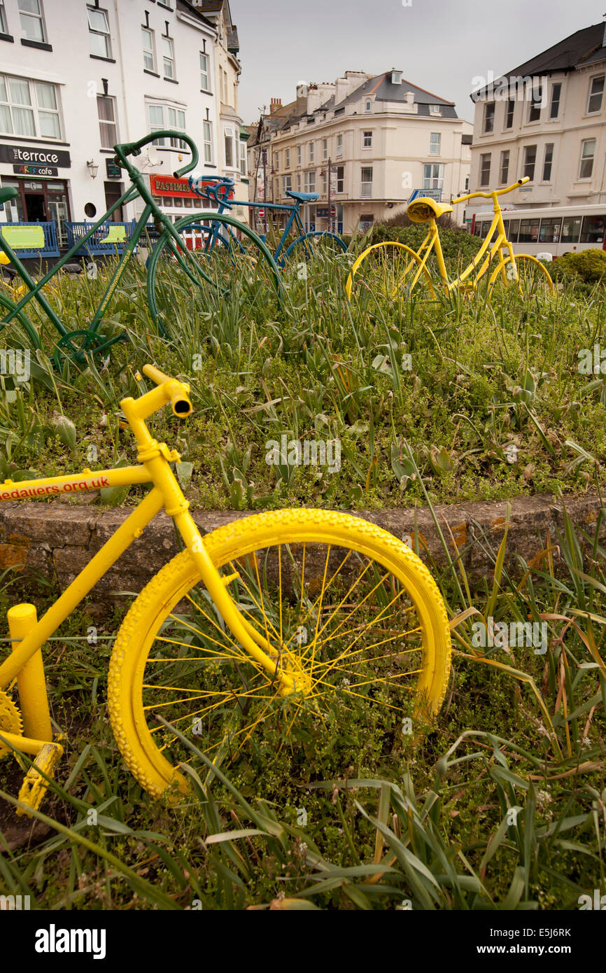 UK England, Dorset, Seaton, Marine Place old bicycles decorating roundabout Stock Photo Alamy