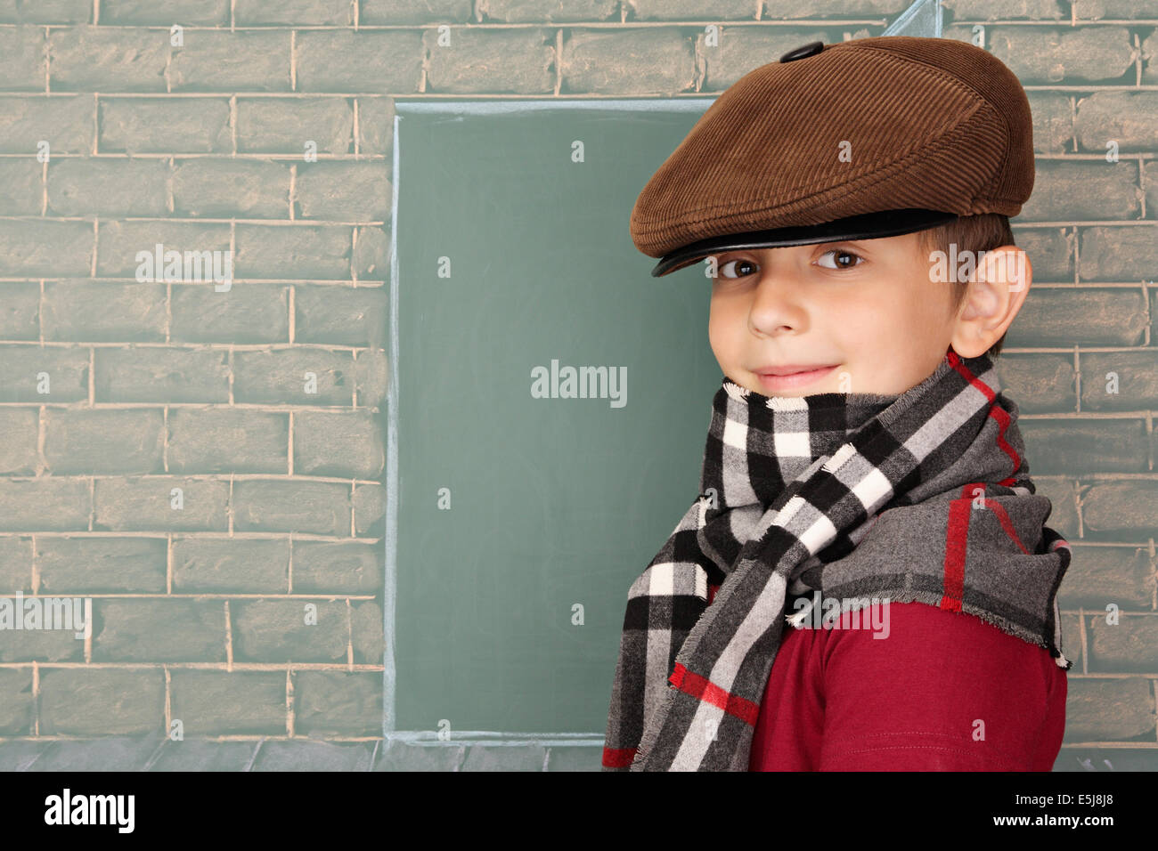Education idea, the schoolboy before the open door represented on a chalkboard Stock Photo