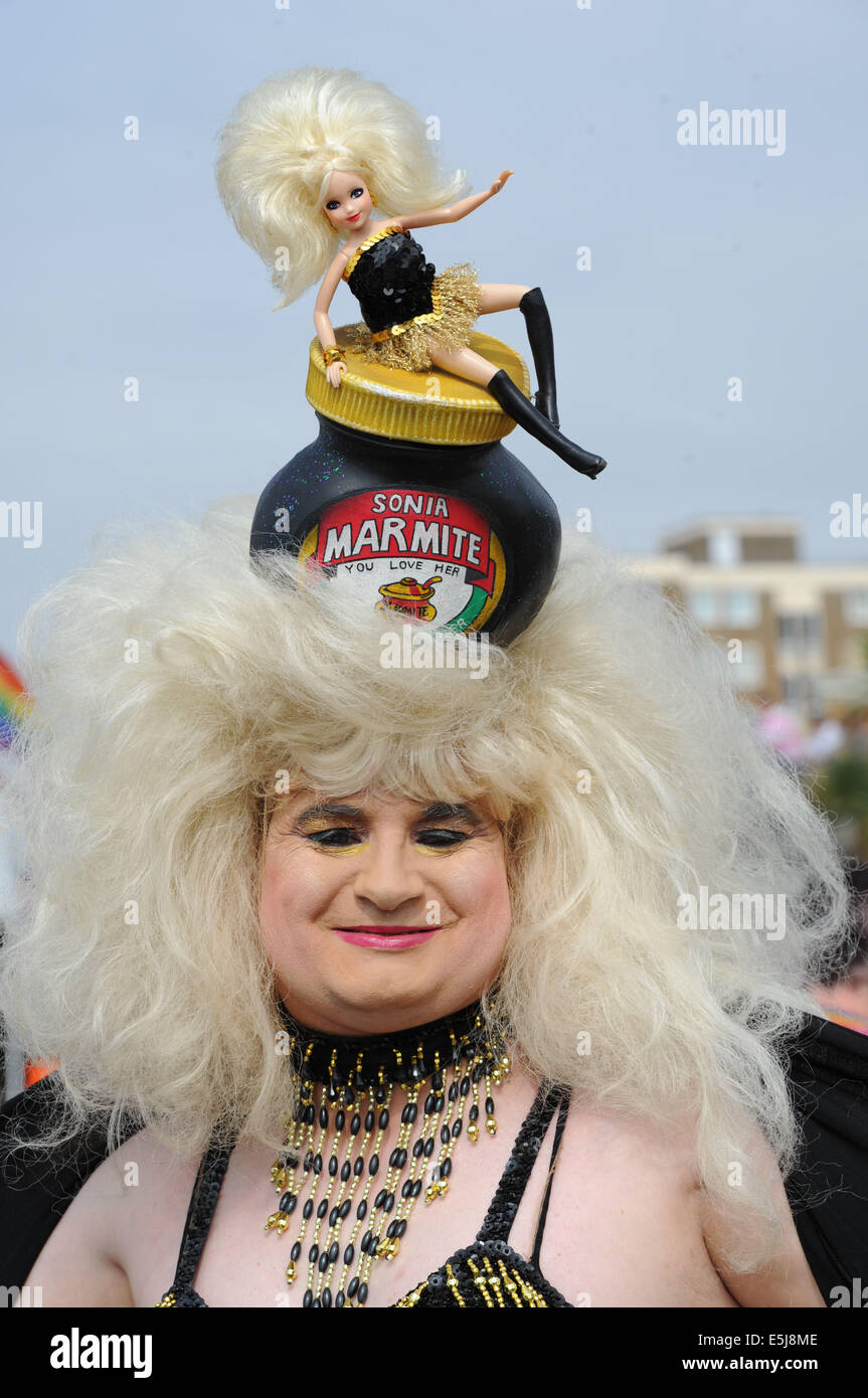 Brighton, Sussex, UK. 2nd Aug, 2014. Sonia Marmite takes part in the annual Brighton Pride Parade starting on the seafront and finishing in Preston Park Stock Photo