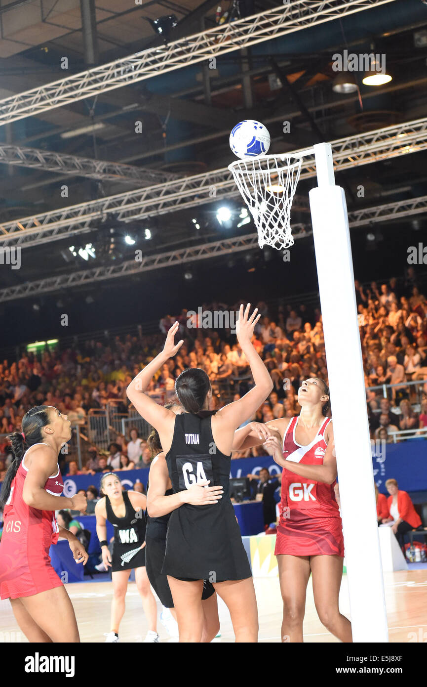 Glasgow, Scotland, UK. 2nd Aug, 2014. New Zealand's Maria Tutaia scores the final point to beat England in the semi-final of the the Commonwealth Games Netball competition at the SECC, Glasgow on August 2nd 2014 Credit:  Martin Bateman/Alamy Live News Stock Photo