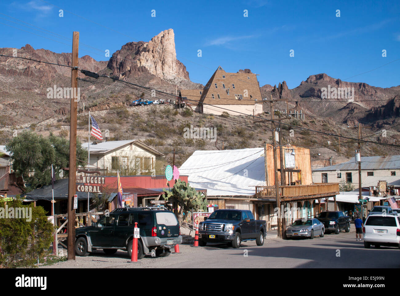 Oatman, Arizona, on old Route 66 is a Wild West town known for its roaming burros, rustic charm, and ties to the Mother Road’s golden era. Stock Photo