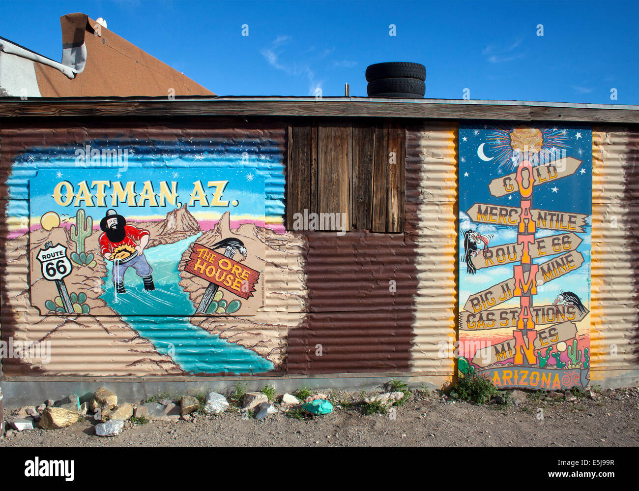 Oatman, Arizona, on old Route 66 is a Wild West town known for its roaming burros, rustic charm, and ties to the Mother Road’s golden era. Stock Photo