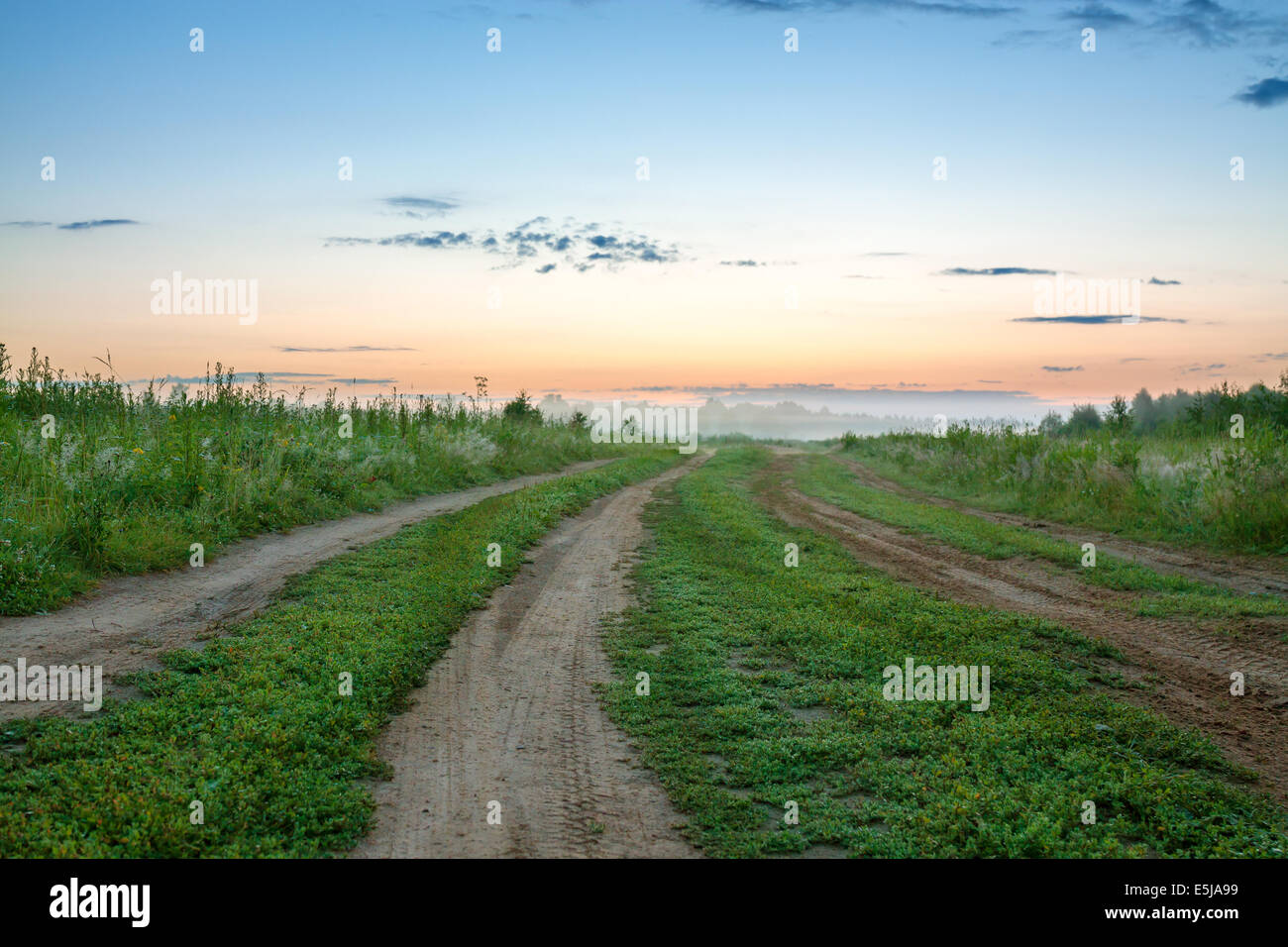 summer rural landscape with sunrise, fog and the road Stock Photo - Alamy